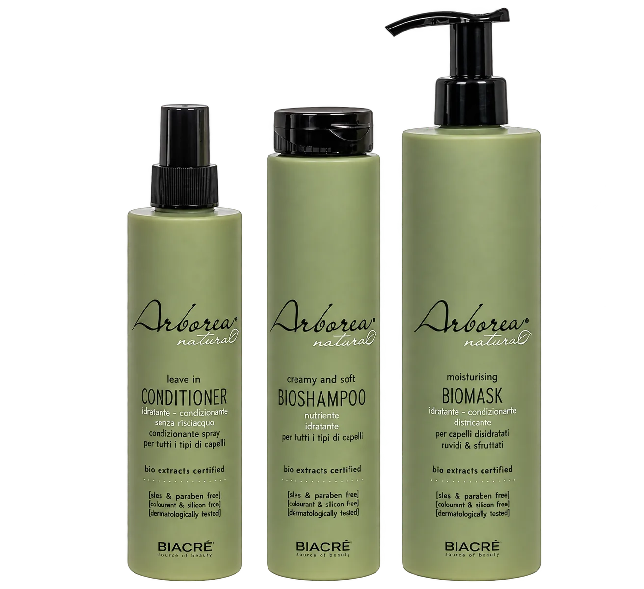 Arborea natural Bioshampoo, Biomask und Leave-in Conditioner von Biacrè