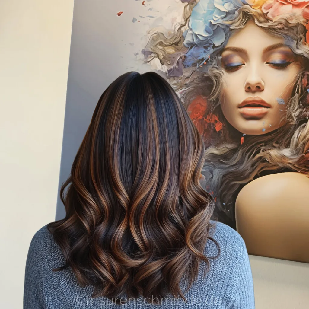 Balayage auf dunklem Haar mit warmen, weichen Highlights