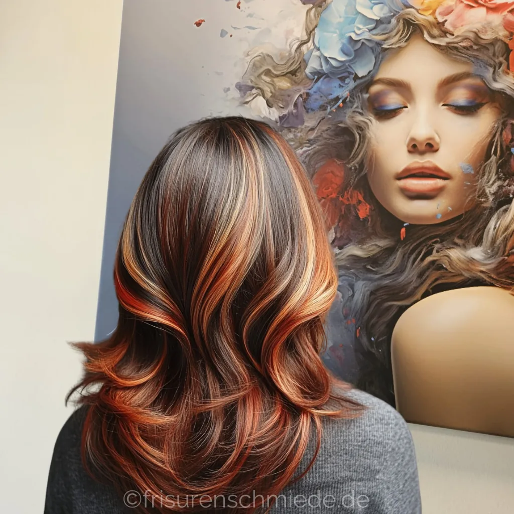 Warme Balayage auf dunklem Haar mit kupferfarbenen Akzenten